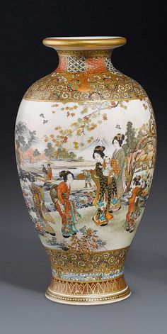 A Satsuma vase by Ryokuzan Meiji period the ovoid body decorated in polychrome enamels and gilding with on one side maidens in a garden setting with distant view of Mt. Fuji, and the reverse with a twin duck-shaped panel enclosing a landscape and florette diaper, all on a flower strewn ground, with a Shimazu mon and signed Ryokuzan 24.5 cm high Chinese Porcelain Vase, Mt Fuji