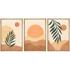 three paintings with palm leaves on them in front of a white background and an orange sun