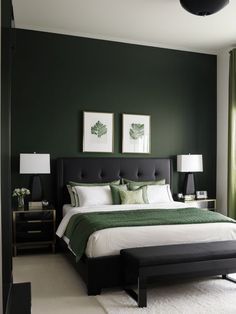 a bedroom with dark green walls and white carpeted flooring, along with a large bed