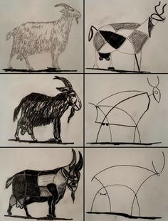 four different types of animals are shown in black and white ink, each with an animal's head drawn on it