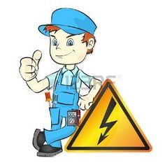 a man in blue overalls and cap holding a hammer next to a sign with an electrical