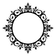 a black and white circular frame with leaves on the edges, surrounded by smaller circles