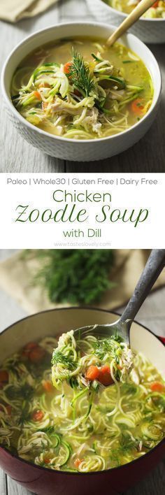 chicken zoodle soup with dill in a bowl