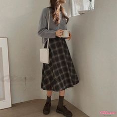 Qteee - Classic Plaid High-Waisted Midi Skirt with Elastic Waist and Full Swing Design, Includes Belt Long Umbrella, Skirt With Elastic Waistband, Bodycon Midi Skirt, Umbrella Skirt, Matching Sweaters, Skirts Midi High Waisted, Crop Top Dress, Long Sleeve Short Dress, Vintage Plaid