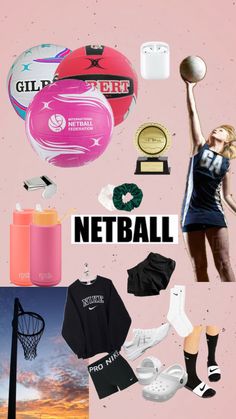 a collage of various items and the words net ball on it's side