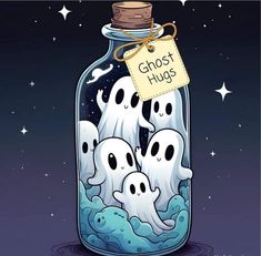 a jar filled with ghost heads floating in the water and a sign that says ghost hugs