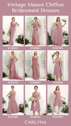 the bridesmaid dresses are all in different styles and colors, including one with an asymmetrical neckline