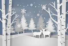 two deers in the snow surrounded by trees and snowflakes, paper art