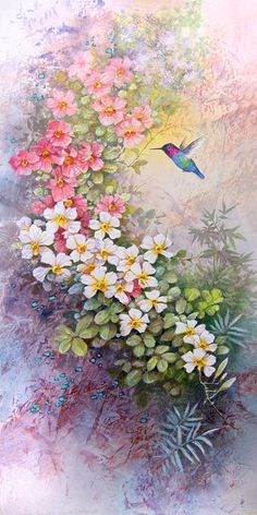 a painting of flowers and a hummingbird flying over the flowerbeds in front of it