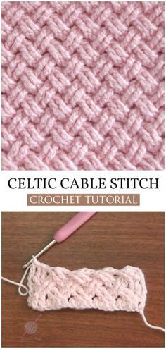 the crochet cable stitch pattern is shown in pink and white with text that reads,