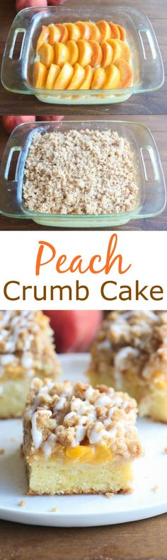 peach crumb cake on a plate with the words peach crumb cake above it