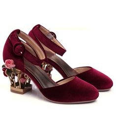 Elevate your wardrobe with these handmade Velvet Birdcage Floral Heels. Featuring a unique and stylish bird cage heel, with a luxurious velvet upper, genuine leather lining and TPR outsole, these gorgeous shoes are sure to make heads turn. Choose from three beautiful colorways in sizes from 34-43 and feel the difference with their comfortable fit and dreamy cushioning. Dare to be different with these stunning Velvet Birdcage Floral Heels! Pump Type: Mary Janes Upper Material: Velvet Toe Shape: R Wedding Shoes Women, Flower Heels, Shoes Big, Low Heel Pumps, Floral Heels, Caged Heels, Wedding Shoes Heels, Flower Party, Cute Heels