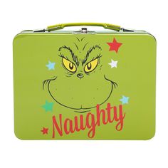 Whether you're feeling naughty or nice, this officially licensed Grinch tin tote is the perfect holiday accessory. The tin tote features a high-quality, full-color decal showcasing the beloved “nice” Grinch on one side and the just-as-loved “naughty” Grinch on the other. With a top metal latch closure and a collapsible handle, it's not only practical but also a charming accessory for fans of all ages. Crafted from durable tin, this tote measures 9 inches in width, 3.5 inches in depth, and 7.5 in Grinch Room, Grinch Outfit, Grinch Stuff, Grinch Christmas Party, The Grinch Christmas, Grinch Party, 6 Birthday, Holiday Inspo, Merry Grinchmas