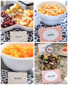 four pictures show different types of food and place cards for each individual party or event