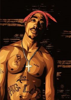 a shirtless man with tattoos and a cross on his chest, wearing a red bandana