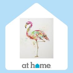 a watercolor painting of a pink flamingo in front of a white house with the words at home above it