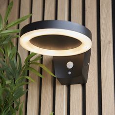 an outdoor light on the side of a wooden deck next to a potted plant