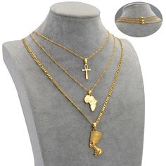 Set of 3 Initials - map of Africa - Ankh cross and Queen Nefertiti pendant necklacesThis pendant necklace is UNISEX; for both men and Women. Metal type: stainless steel gold necklace set. Egypt Jewelry, Egyptian Queen Nefertiti, Map Of Africa, Ankh Cross, Queen Nefertiti, Map Pendant