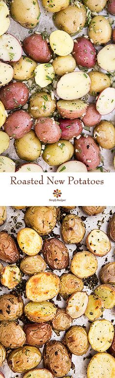 roasted new potatoes with herbs and seasoning on the top, and in the bottom