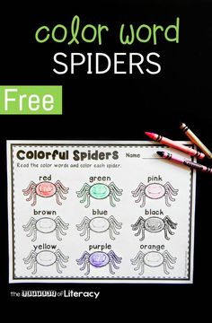 the color word spider worksheet is shown with crayons