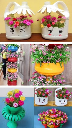 flower pots with faces painted on them and flowers growing out of the top, in front of