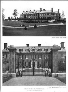 two pictures of the front and back of a large brick building with an iron gate