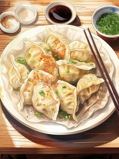 a white plate topped with dumplings next to bowls of sauce and chopsticks