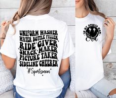 two women wearing t - shirts with the words, unicorn washer and ride giver on them