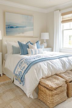 a bedroom with a bed, dresser and window in the corner that has two wicker baskets underneath it