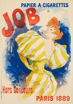 an old french poster shows a woman in yellow and white striped dress with red hair