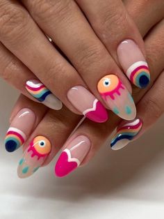 Multicolor  Collar    Color Nails Embellished   Beauty Tools Lgbtq Nails, Boho Nail Ideas, Alien Nail Art, Festival Nail Ideas, Graphic Nail Art, Alien Nails, Nagellack Trends, Hippie Nails, Medium Almond