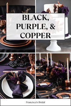 black, purple, and copper wedding decor