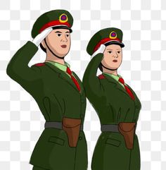 two people dressed in green uniforms, one holding his head and the other wearing a red hat