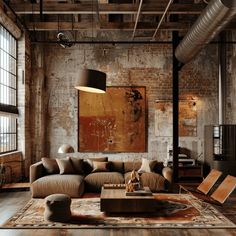 an industrial living room with brick walls and exposed ceilings, leather couches, large painting on the wall