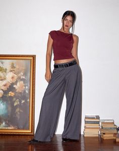 Women's Trousers - Motel Rocks – motelrocks.com Pinstripe Trousers Outfit Casual, Wide Leg Trousers Outfit Women, Grey Pinstripe Pants Outfit Women, Pinstriped Trousers Outfit, Grey Pinstripe Trousers Outfit, Grey Tailored Pants Outfit, Low Rise Trousers Outfit, Business Pants Outfit, Outfits With Grey Pants