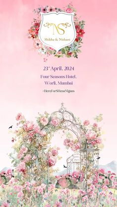 a pink and white poster with flowers on the front, and an arch in the middle