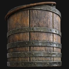 an old wooden barrel with metal rivets