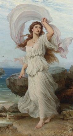 a painting of a woman in a white dress by the ocean with her hair blowing