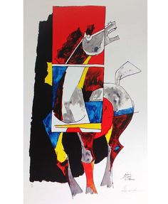 an abstract painting of a cow with red, yellow and blue squares on it's back