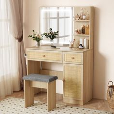 a wooden desk with a mirror, shelf and stool in front of a large window