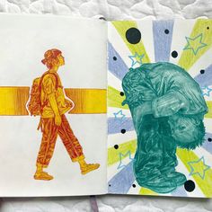 two children's drawings, one with a man and the other with a woman