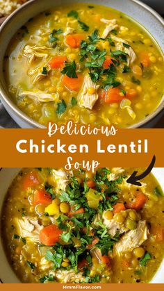 chicken lentil soup with carrots, corn and parsley