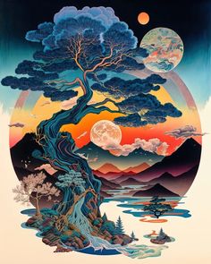 a painting of a tree with the moon in the sky above it and mountains behind it