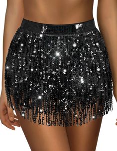 PRICES MAY VARY. HIGH-QUALITY MATERIAL: Our sparkly skirt is made of excellent 100% Polyester with beautiful fringes and sequins, which is lightweight, skin-friendly and durable. Besides, the tulle lining under the sequins is comfortable and breathable, so you will feel great when you wear this sequin skirt. GORGEOUS SEQUINED FRINGE: The belly dance skirt with four-layered sequins and fringes is shinier and more gorgeous, which makes you more acctractive. What's more, the tinsel skirt perfectly Tinsel Skirt, Fringe Skirt Outfit, Cowgirl Skirt, Silver Sequin Skirt, Glitter Skirt, Belly Dance Skirt, Sparkly Skirt, Black Sequin Skirt, Glitters Skirt