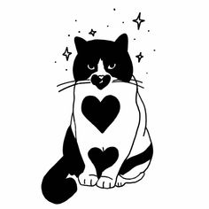 a black and white cat with a heart on it's chest sitting in front of stars