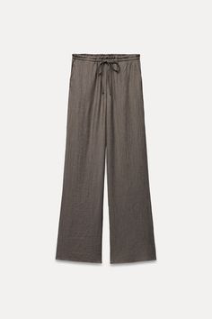 Brown Ankle-length Summer Pants, Brown Ankle Pants For Summer, Brown Straight Pants With Elastic Waistband, Wide Leg Pants For Fall Daywear, Stretch Straight Pants For Daywear, Brown Straight Leg Loungewear Bottoms, Wide-leg Pants For Fall Daywear, Wide-leg Pants For Daywear In Fall, Zara Casual Straight Leg Pants