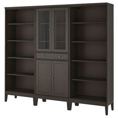 a bookcase with two doors and one door open on the other side, in front of a white background