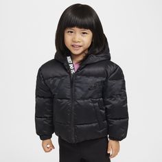 Featuring subtle woven detailing, this puffer is made of woven poly with an allover quilted stitch and filled with soft faux down for cozy warmth. The roomy cut and full-zip closure make it easy to layer, pockets on the sides provide spots to secure small items. Raining out? No need to postpone the fun when this jacket has a hood and water resistant finish to help keep your child dry in light rains. Black Style, Small Items, Puffer Jacket, Toddler Girl, Black Fashion, Puffer, Water Resistant, Nike, Water