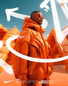 a man in an orange jacket is looking at something with arrows coming out of it