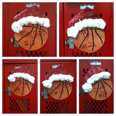 four pictures of basketballs with santa's hat on